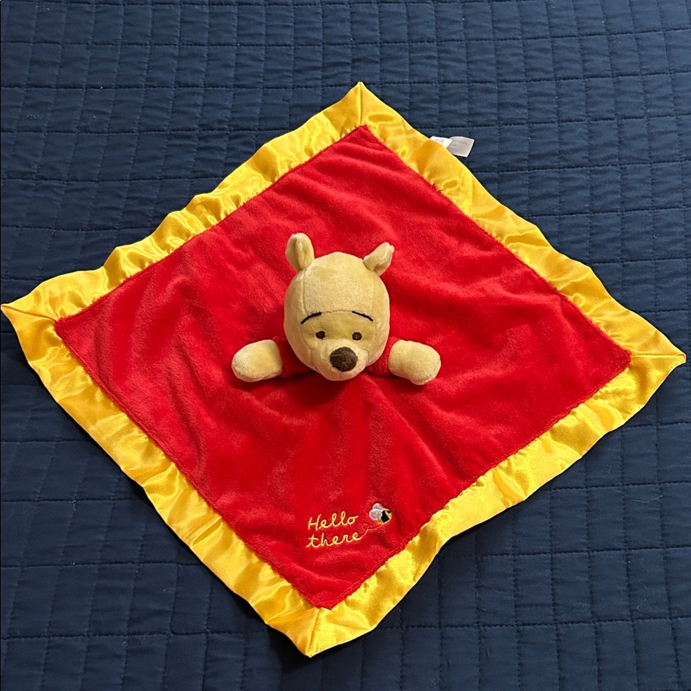 Disney Baby Winnie The Pooh Lovey Blanket Red & Yellow Embroidered "Hello There"